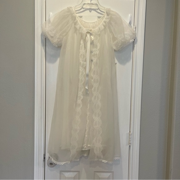 Vtg Radcliffe Gown Set Women’s Small Dainty Blue Crochet Floral Lace Bow Sheer - Picture 1 of 11